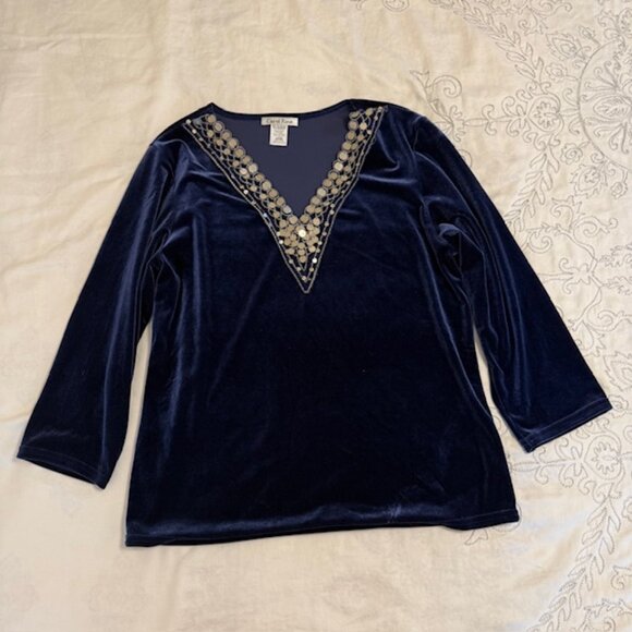 Carol Rose Womens Tunic Size L Blue Velvet Sequin  V-Neck Long Sleeve Top - Picture 3 of 11